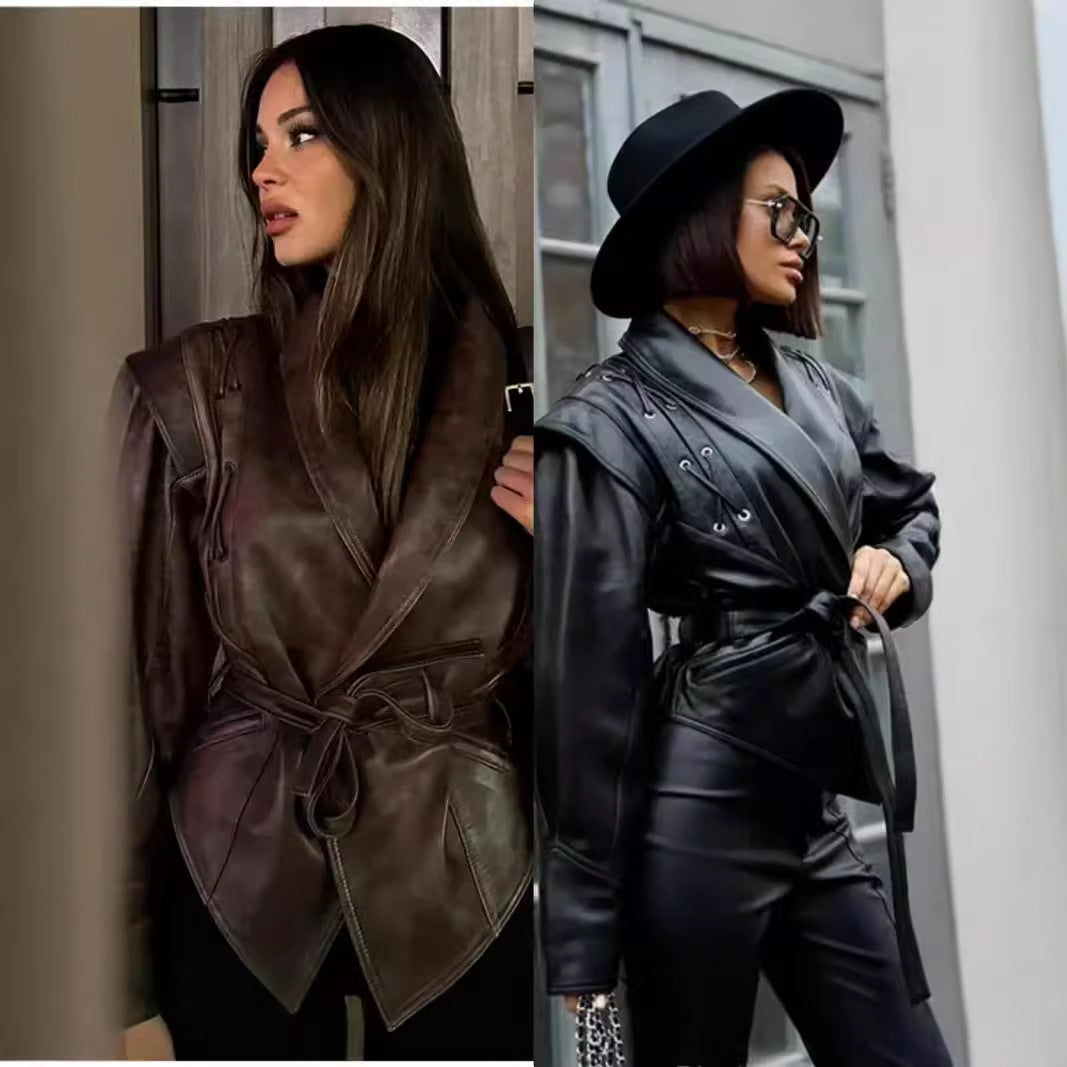 Damen modische Kunstlederjacke mit stilvollem Gürteldetail und elegantem Design R&B