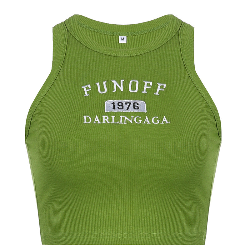Damen sportliches Crop-Top mit stylischem Schriftzug und hochgeschlossenem Design R&B
