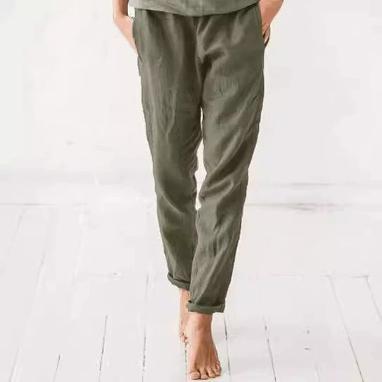 Damen lässige Leinenhose mit elastischem Bund und praktischen Taschen R&B