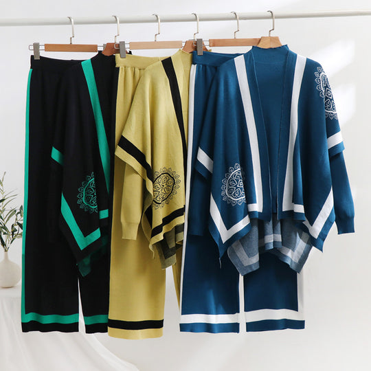 Damen elegantes Strick-Loungewear-Set mit grafischem Muster und weiten Ärmeln R&B