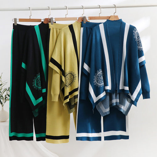 Damen elegantes Strick-Loungewear-Set mit grafischem Muster und weiten Ärmeln R&B