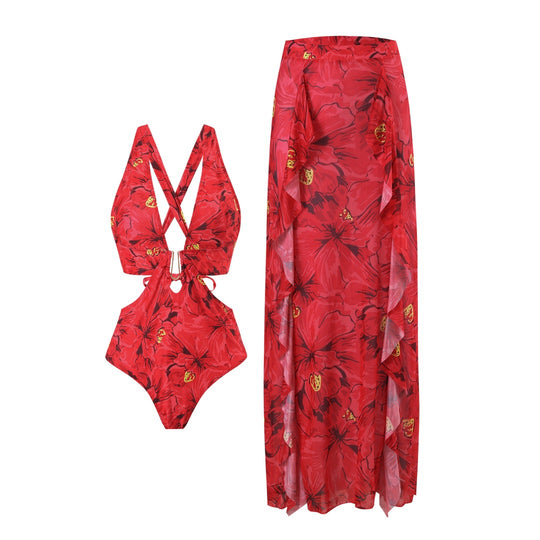 Damen Badeanzug mit floralen Akzenten und passendem Wickelrock R&B