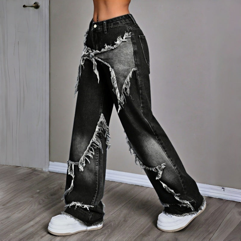 Damen Weite Jeans im modernen Destroyed-Look mit fransigen Details R&B