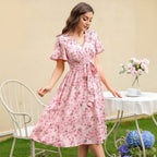 Damen Blütenmuster Wickelkleid mit Taillengürtel R&B