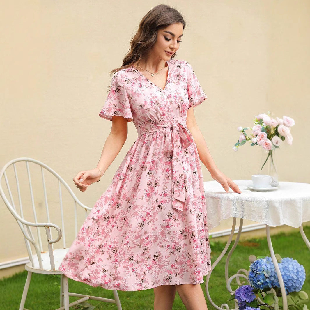 Damen Blütenmuster Wickelkleid mit Taillengürtel R&B