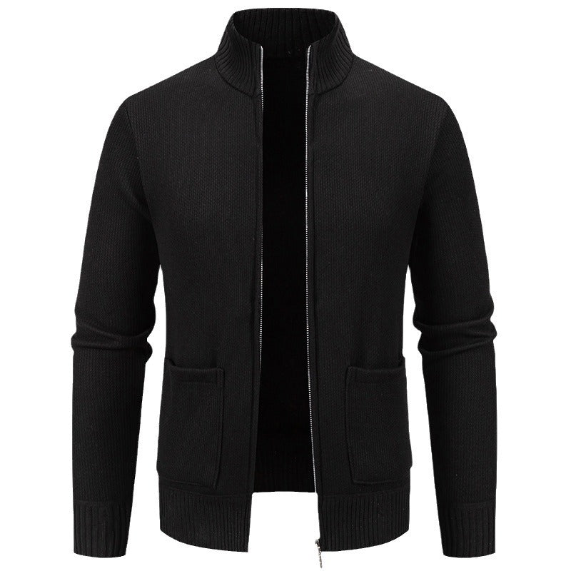 Herren lässige Strickjacke mit hohem Kragen und praktischen Taschen R&B