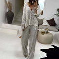 Damen Glitzerndes Lounge-Set mit langärmliger Bluse und weiten Hosen R&B