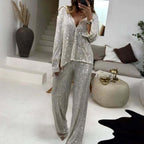 Damen Glitzerndes Lounge-Set mit langärmliger Bluse und weiten Hosen R&B