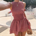 Damen ärmelloses Mini-Dress mit Karomuster und elastischem Bund R&B