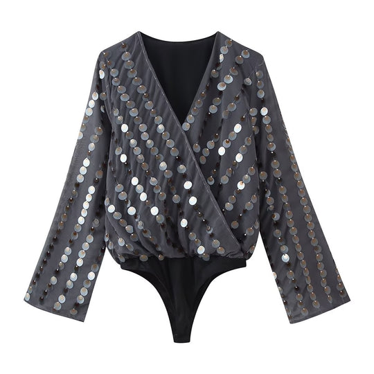 Damen Glamouröses Body mit glitzernden Pailletten und Wickeldesign R&B