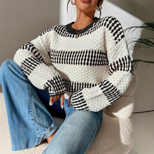 Damen Strickpullover mit strukturierter Oberfläche und modischen Streifen R&B
