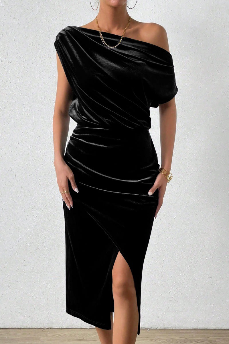 Damen Elegantes Schulterfreies Midikleid im Fließenden Design R&B
