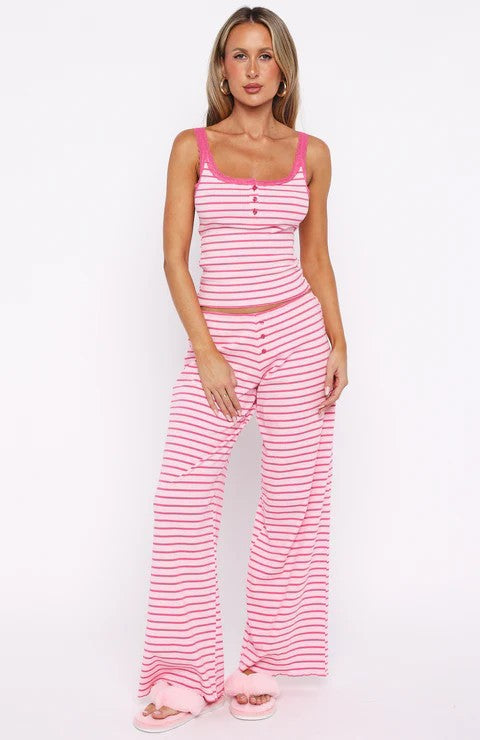 Damen Pyjama-Set mit dekorativen Knopfdetails und Streifenmuster R&B