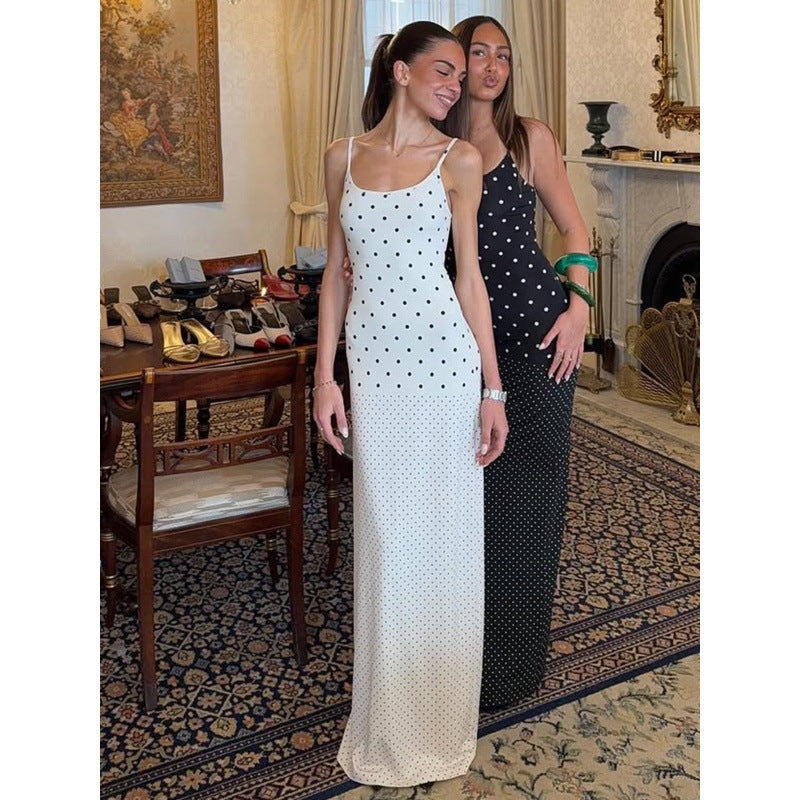Damen Elegantes Polka-Dot Maxikleid mit verstellbaren Trägern und fließendem Schnitt R&B