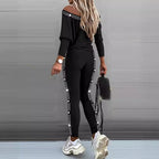 Damen Trendiges Freizeit-Outfit mit Off-Shoulder Oberteil und dekorativen Steinchen R&B