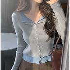 Damen Eleganter Cardigan mit Knopfleiste und Kontrastbesatz