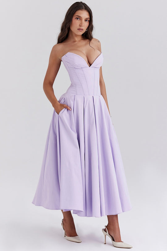 Damen nan trägerloses Korsett-Midikleid mit vorgeformter Miederkonstruktion und ausgestelltem Tellerrock R&B