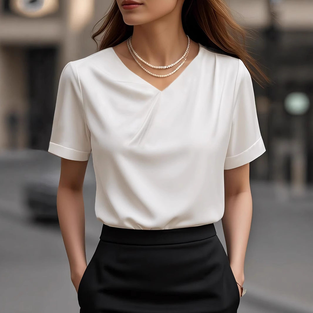 Damen Elegantes V-Ausschnitt Blusenshirt mit kurzärmeligen Design R&B