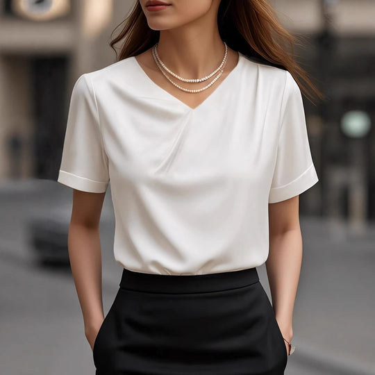 Damen Elegantes V-Ausschnitt Blusenshirt mit kurzärmeligen Design R&B