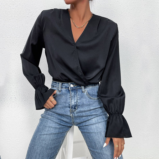 Damen Elegantes Langarmbody mit Wickeloptik und Volantärmeln R&B