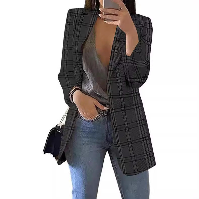 Damen nan taillierter Karoblazer Longline mit strukturierter Schulterpartie und offener Front R&B