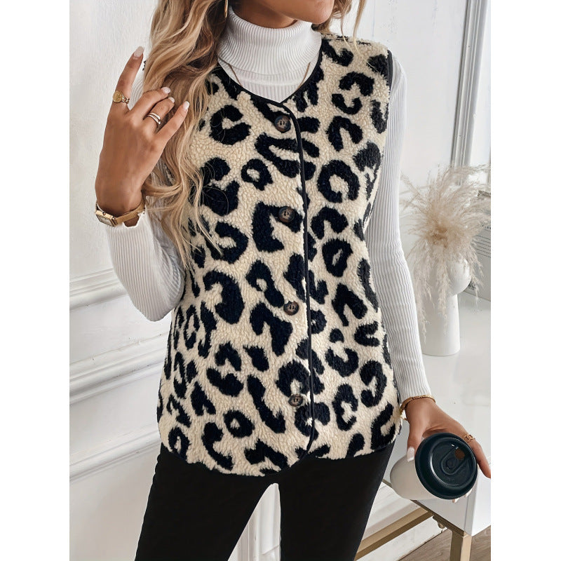 Damen Fellweste mit Leopardenmuster und Knopfverschluss R&B