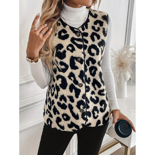 Damen Fellweste mit Leopardenmuster und Knopfverschluss R&B