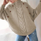 Damen Grober Strickpullover mit modernem Zopfdesign und praktischen Knöpfen