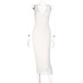 Damen elegantes figurbetontes Midi-Kleid mit verführerischem V-Ausschnitt und feinen Trägern R&B