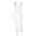 Damen elegantes figurbetontes Midi-Kleid mit verführerischem V-Ausschnitt und feinen Trägern R&B