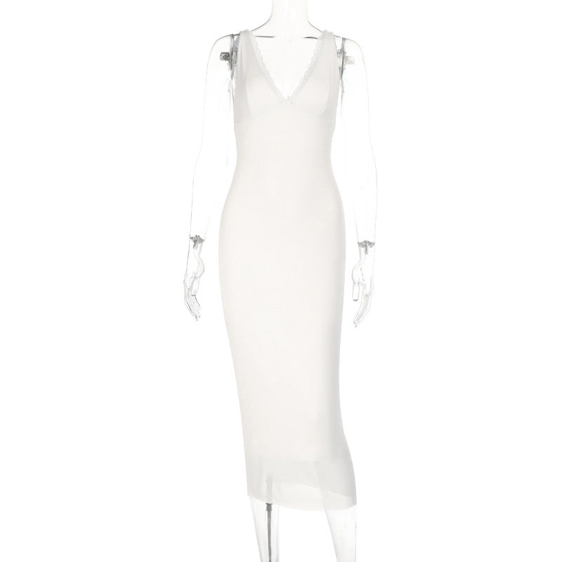 Damen elegantes figurbetontes Midi-Kleid mit verführerischem V-Ausschnitt und feinen Trägern R&B