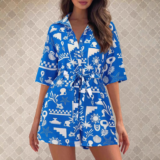 Damen Leichte Kurzarm-Bluse mit Bindegürtel R&B