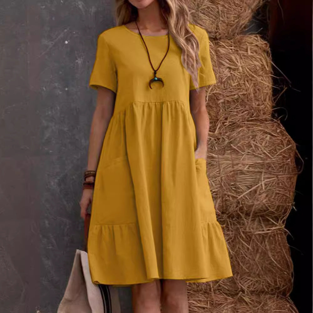 Damen Lockeres Baumwollkleid mit Taschen und Volant R&B