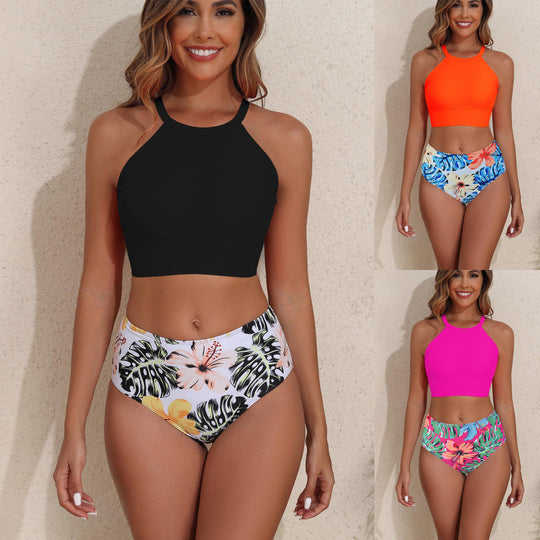 Damen Sportlicher Bikini-Set mit hohem Bund und rückenfreier Oberseite R&B