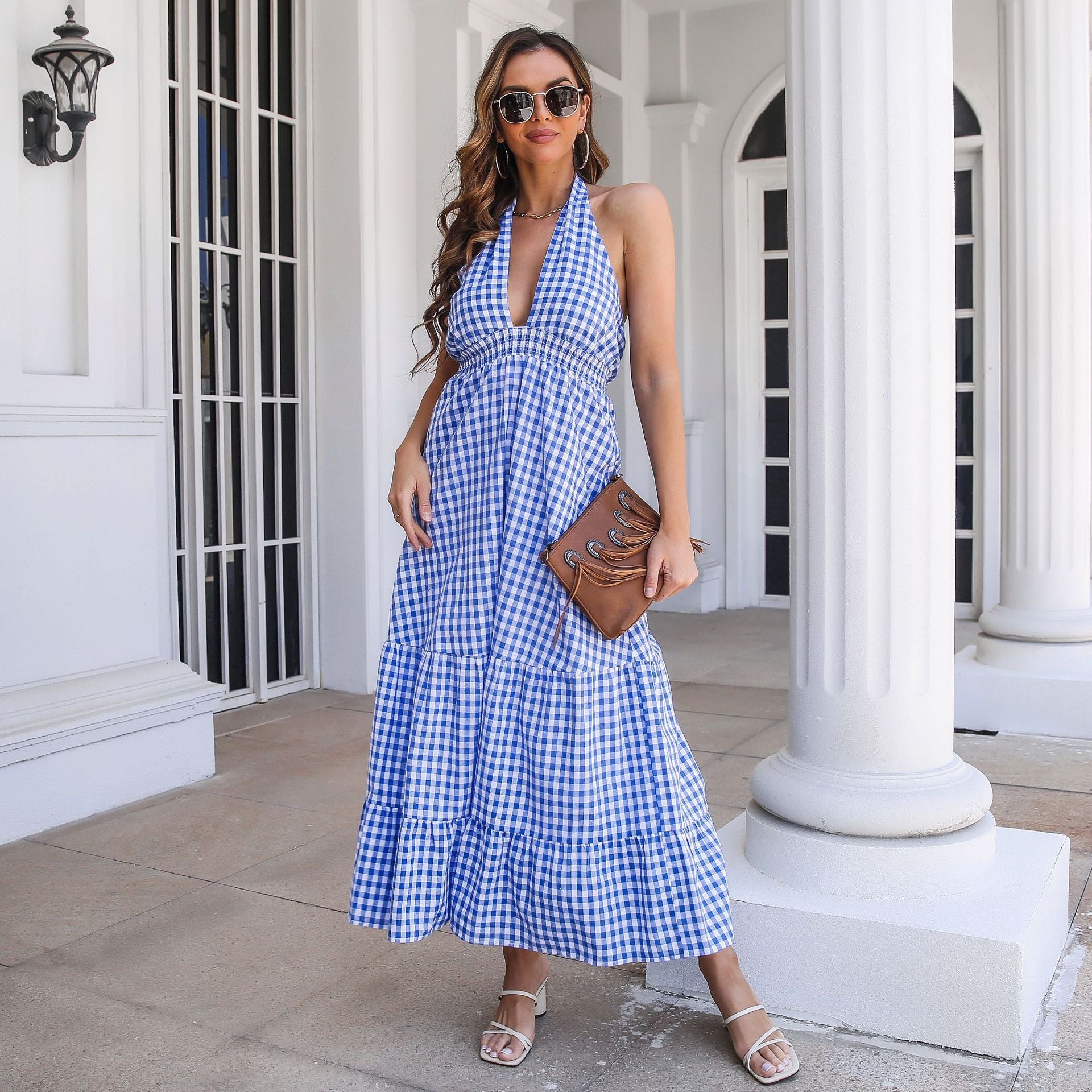 Damen Maxikleid mit V-Ausschnitt und Volants R&B