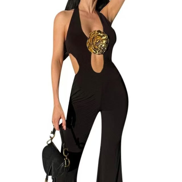 Damen Eleganter Jumpsuit mit raffiniertem Cut-Out-Design und floralen Applikationen R&B
