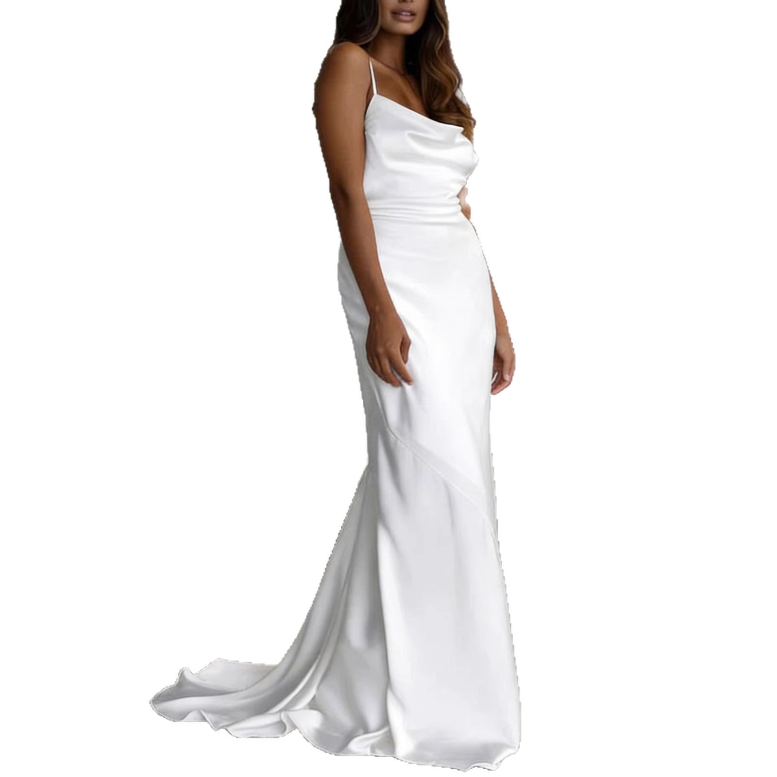 Damen Elegantes Satin-Hochzeitskleid mit tiefem V-Ausschnitt und schmalen Spaghettiträgern EB