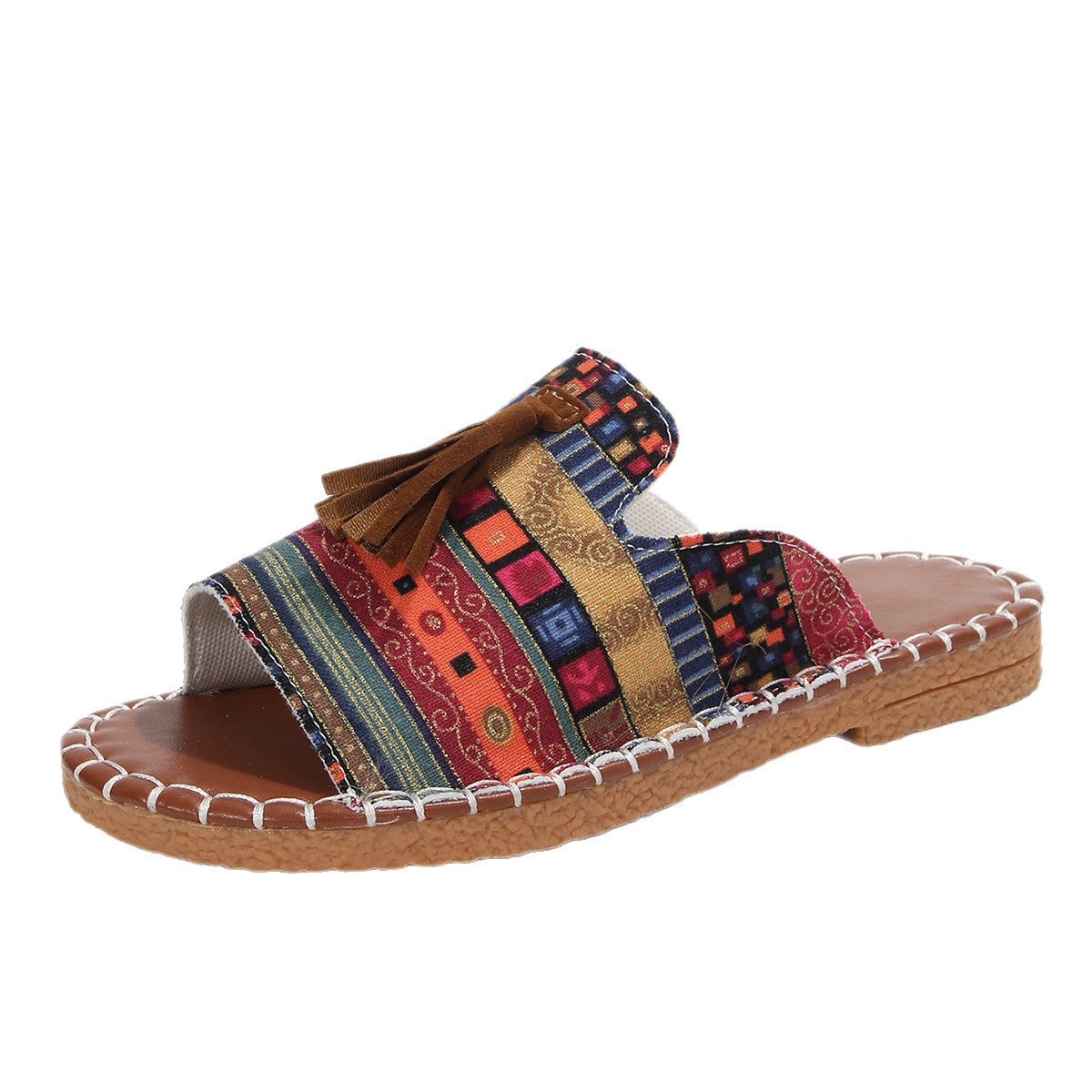 Damen bequeme Pantoletten mit buntem Streifen-Design und Quasten-Detail R&B