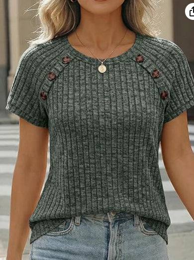 Damen lässiges Rippenstrick-T-Shirt mit Knöpfen R&B