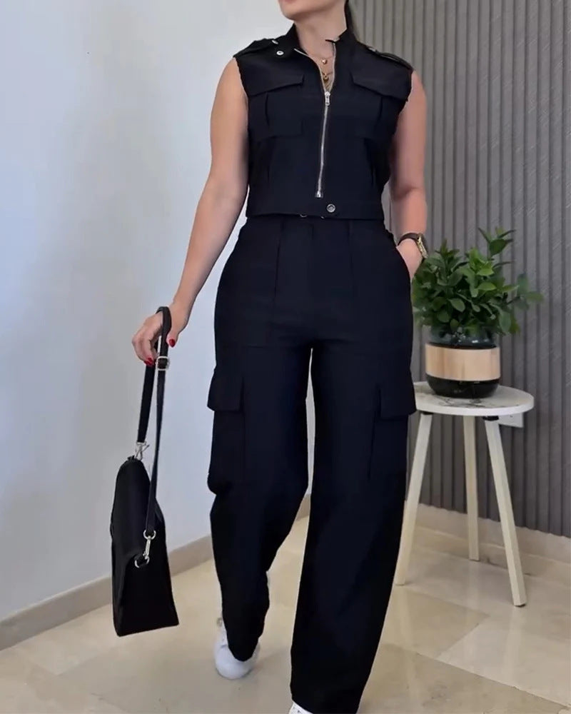 Damen Cargo-Jumpsuit mit kurzem Oberteil und praktischen Taschen R&B
