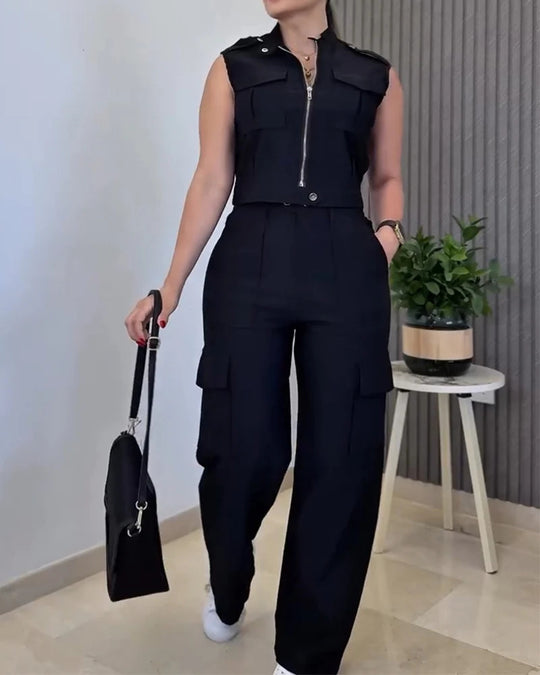 Damen Cargo-Jumpsuit mit kurzem Oberteil und praktischen Taschen R&B