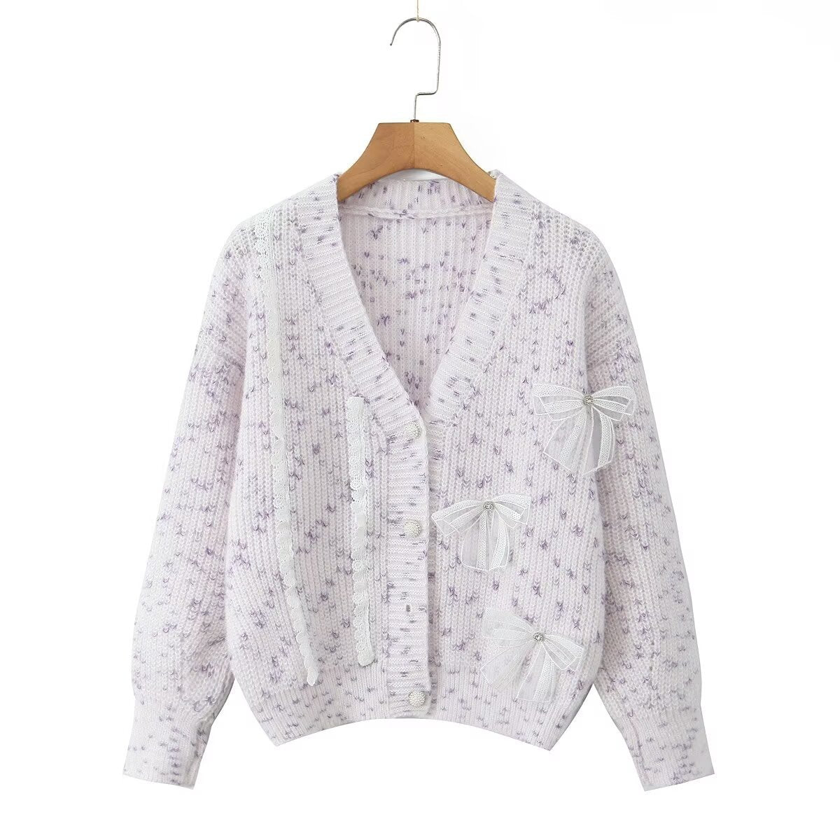 Damen Strickjacke mit dekorativen Schleifen und zartem Muster R&B