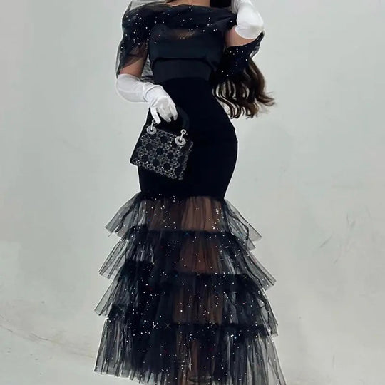 Damen Elegantes Abendkleid mit schimmernden Tülllagen und transparenter Schulterpartie R&B