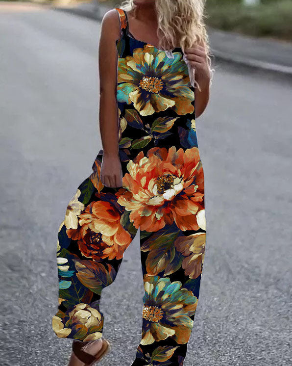 R&B | Große Blumenmuster Leichte Stoff Latzhose