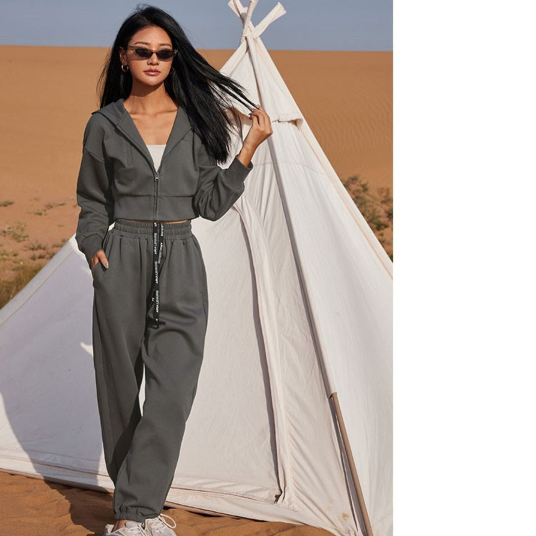 Damen modisches Cropped Sweat-Set mit praktischen Taschen und elastischem Bund R&B