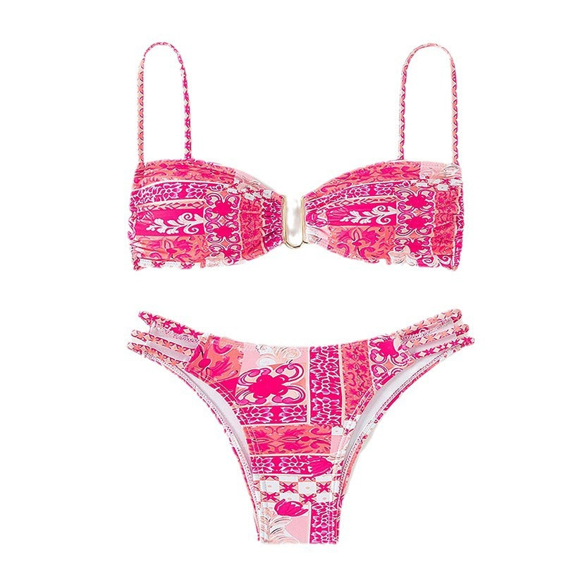 Damen Bandeau-Bikini mit raffinierten Rüschendetails und elegantem Muster R&B