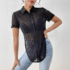Damen nan taillierte bauchfreie Kurzbluse aus Ajour-Mesh mit Hemdkragen und Knotendetail R&B