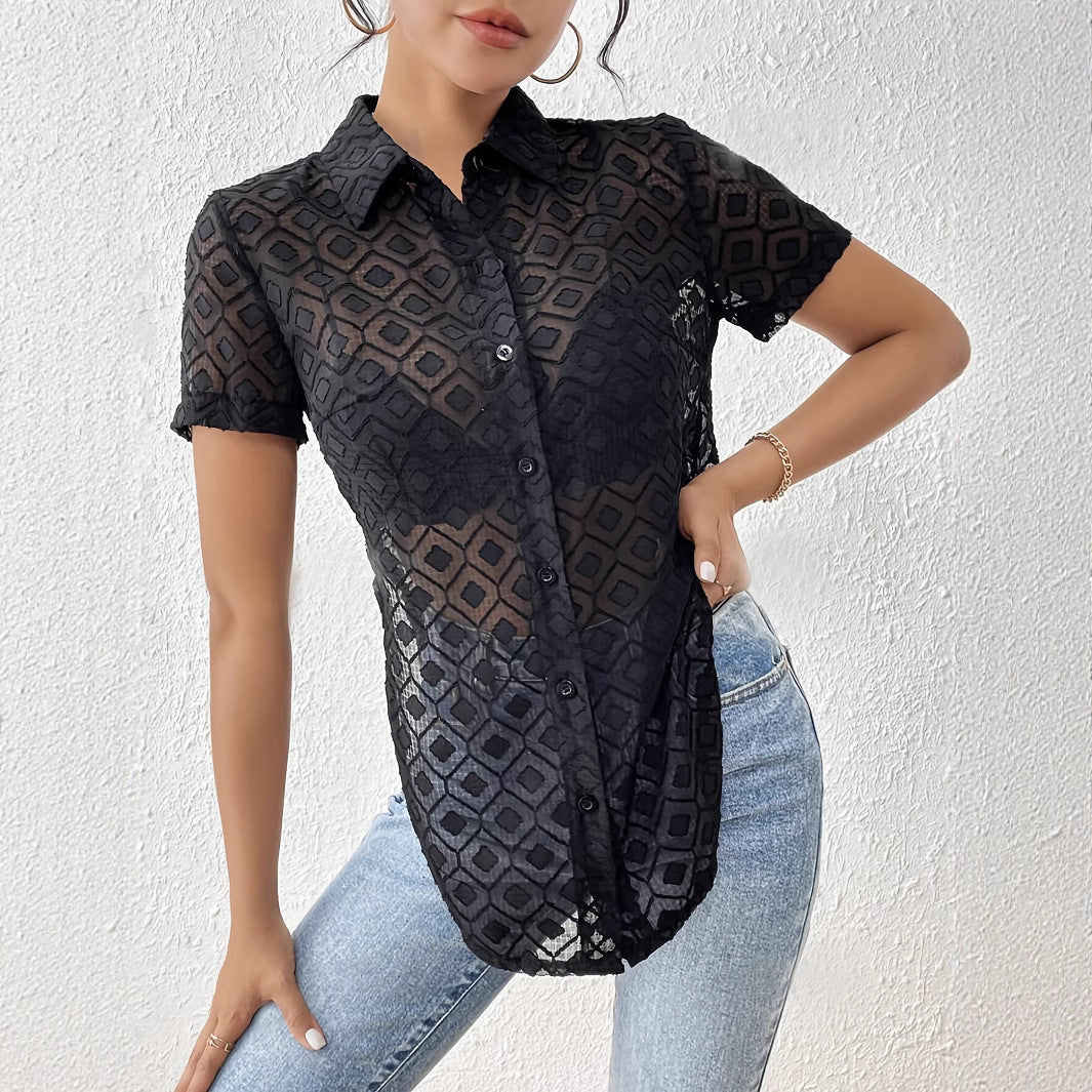 Damen nan taillierte bauchfreie Kurzbluse aus Ajour-Mesh mit Hemdkragen und Knotendetail R&B