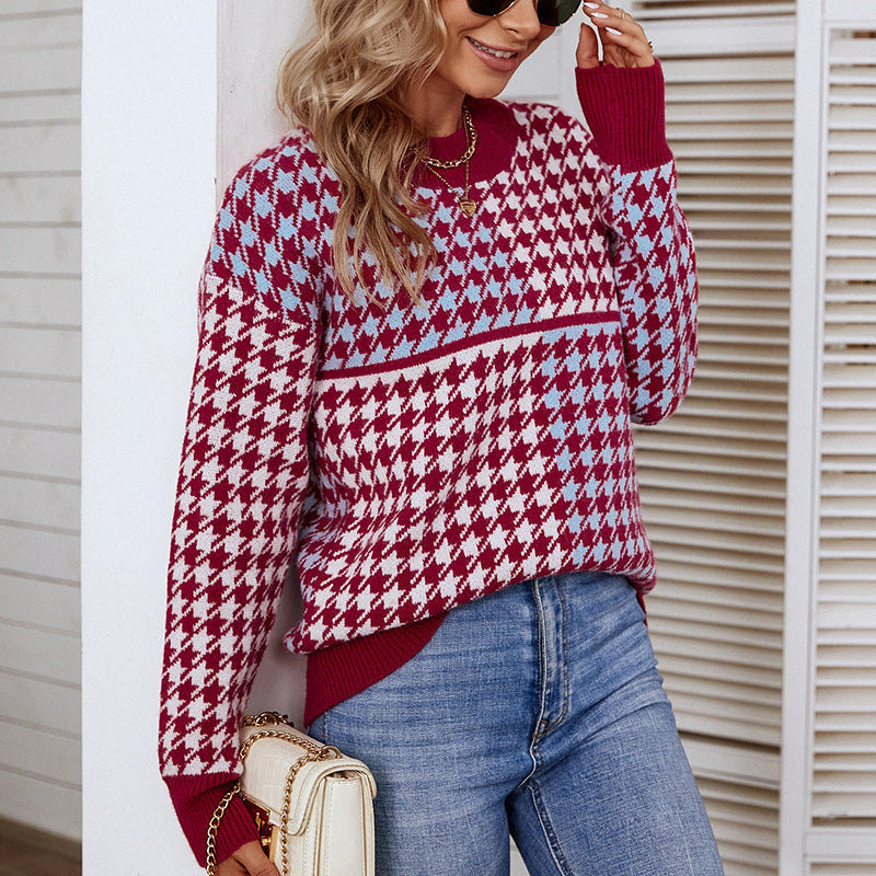 Damen kuscheliger Strickpullover mit trendigem Karomuster und weitem Schnitt