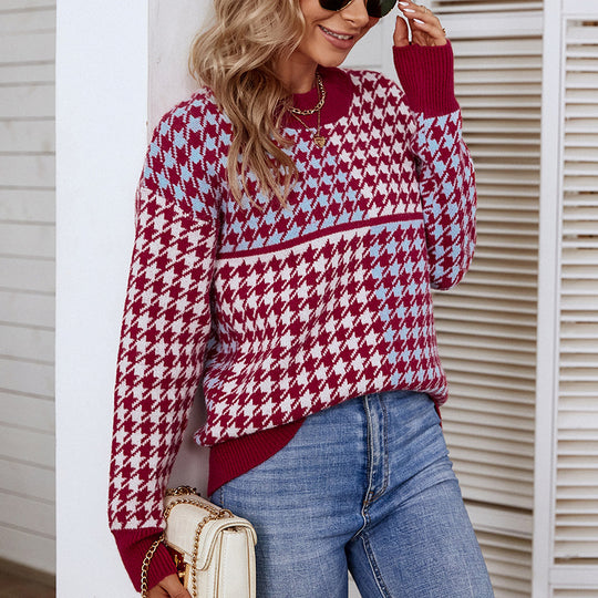 Damen kuscheliger Strickpullover mit trendigem Karomuster und weitem Schnitt R&B